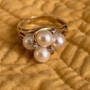 Vintage Pearl Cluster Ring with Diamond Accents Size 6